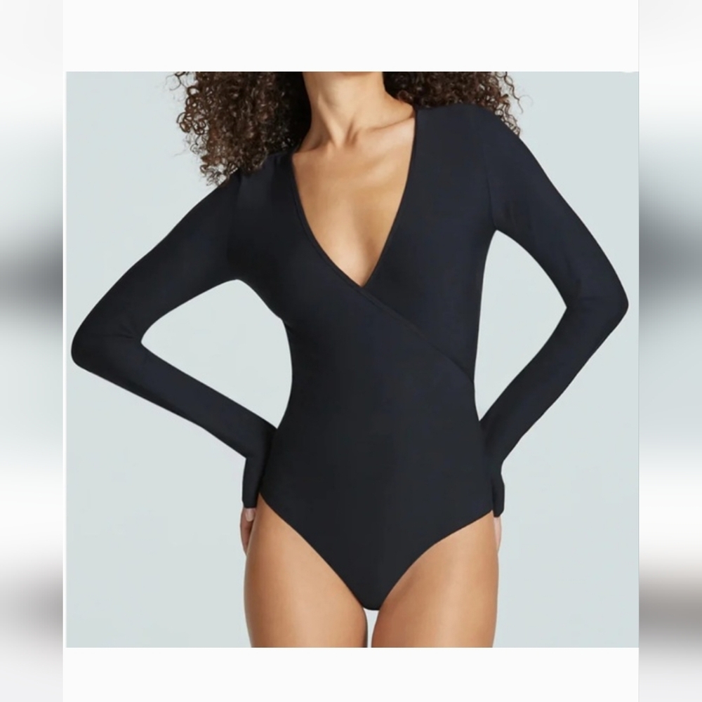 Commando Butter Black Long Sleeve Wrap Front Bodysuit Size S